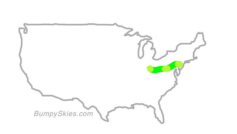 Map of continental US with illustrated flight path and turbulence forecast (described in text below)