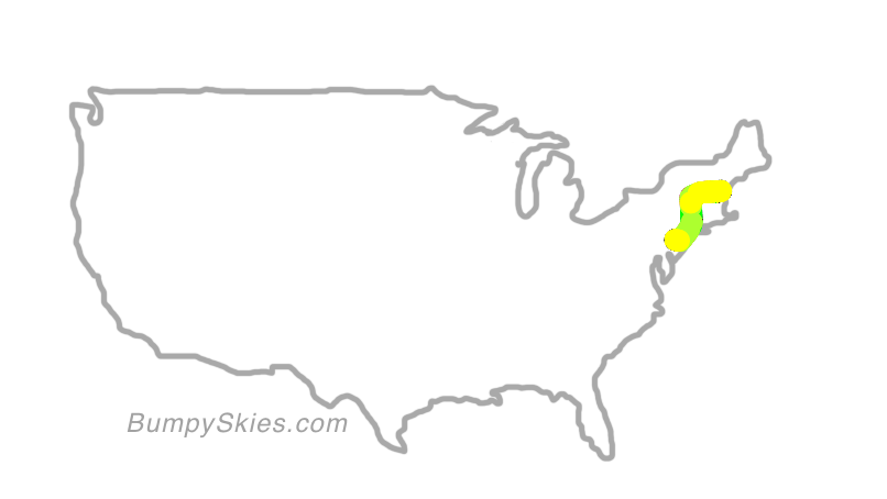 Map of continental US with illustrated flight path and turbulence forecast (described in text below)