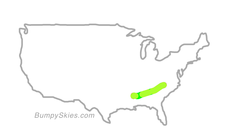 Map of continental US with illustrated flight path and turbulence forecast (described in text below)