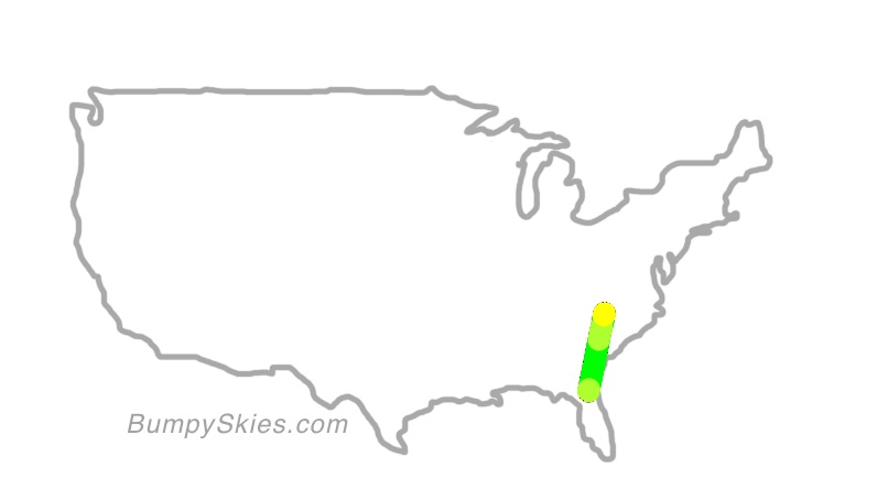 Map of continental US with illustrated flight path and turbulence forecast (described in text below)