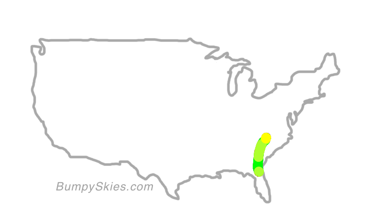 Map of continental US with illustrated flight path and turbulence forecast (described in text below)