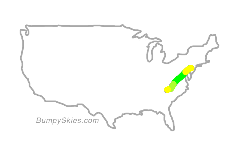 Map of continental US with illustrated flight path and turbulence forecast (described in text below)