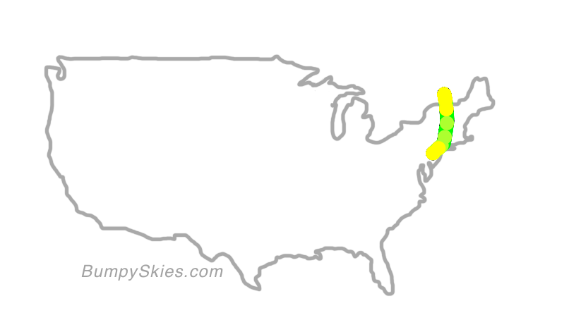 Map of continental US with illustrated flight path and turbulence forecast (described in text below)