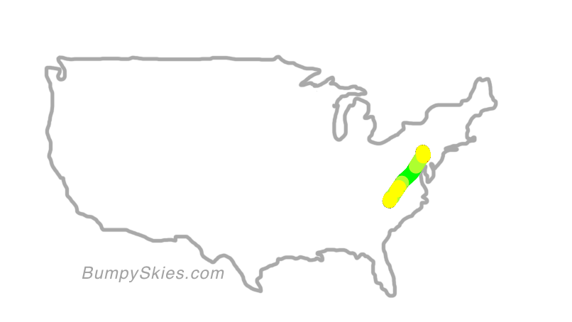 Map of continental US with illustrated flight path and turbulence forecast (described in text below)