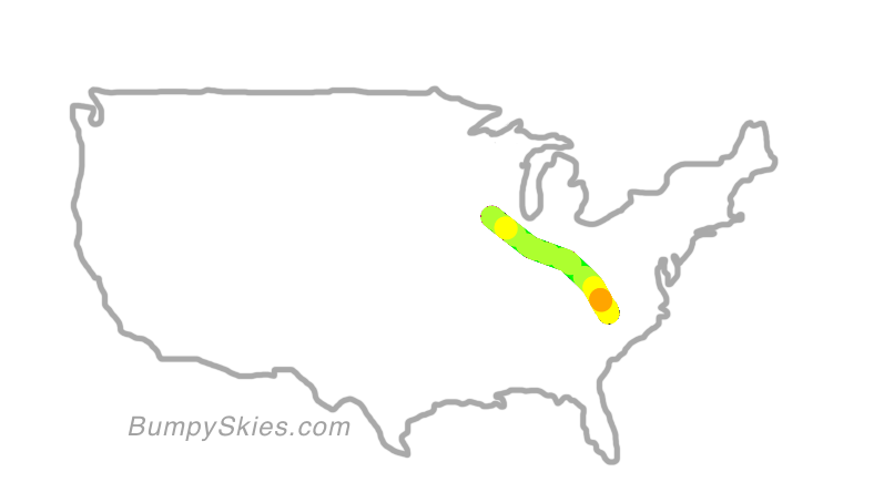 Map of continental US with illustrated flight path and turbulence forecast (described in text below)