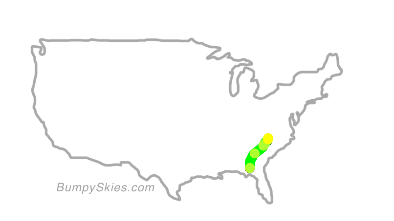 Map of continental US with illustrated flight path and turbulence forecast (described in text below)