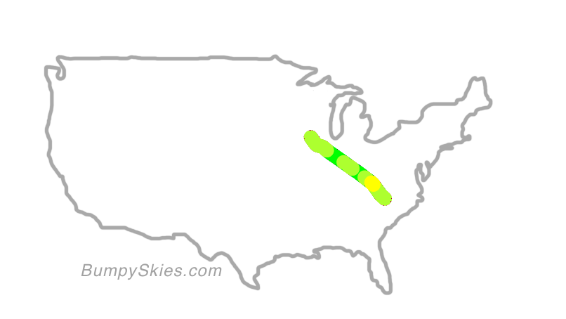 Map of continental US with illustrated flight path and turbulence forecast (described in text below)