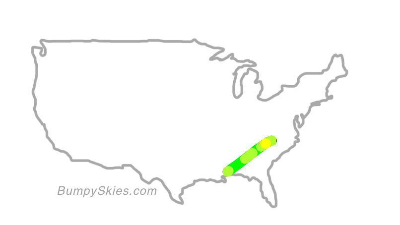 Map of continental US with illustrated flight path and turbulence forecast (described in text below)