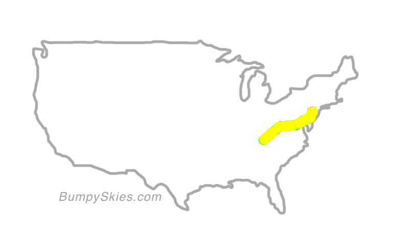 Map of continental US with illustrated flight path and turbulence forecast (described in text below)