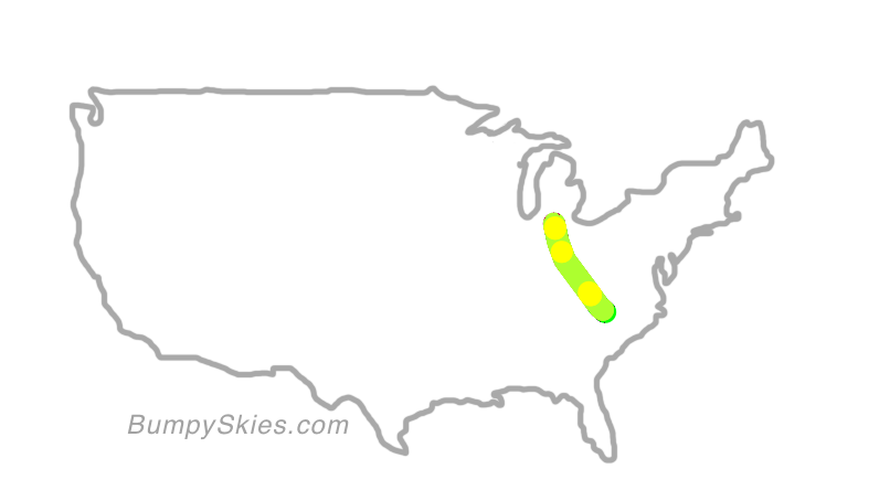 Map of continental US with illustrated flight path and turbulence forecast (described in text below)