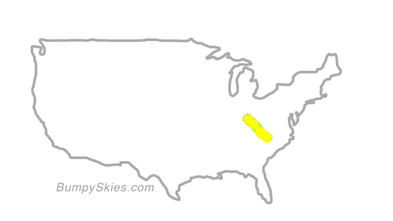 Map of continental US with illustrated flight path and turbulence forecast (described in text below)