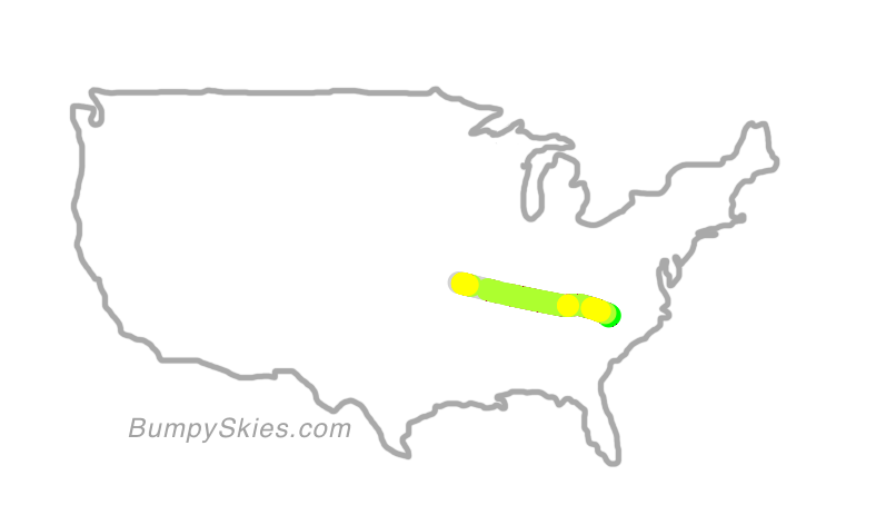 Map of continental US with illustrated flight path and turbulence forecast (described in text below)