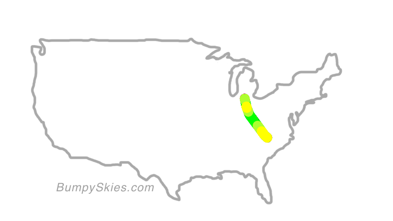 Map of continental US with illustrated flight path and turbulence forecast (described in text below)