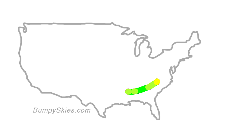 Map of continental US with illustrated flight path and turbulence forecast (described in text below)