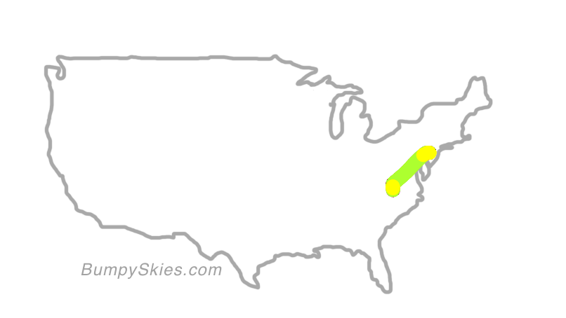 Map of continental US with illustrated flight path and turbulence forecast (described in text below)