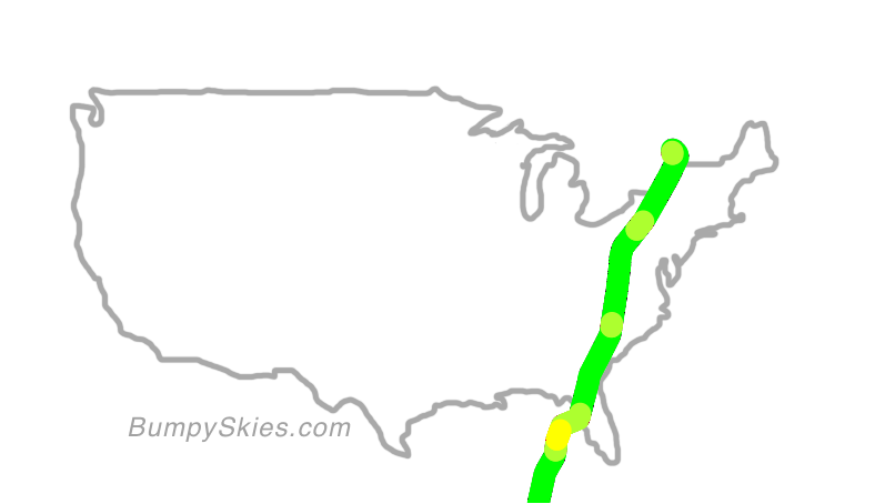 Map of continental US with illustrated flight path and turbulence forecast (described in text below)