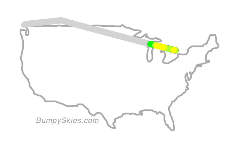 Map of continental US with illustrated flight path and turbulence forecast (described in text below)