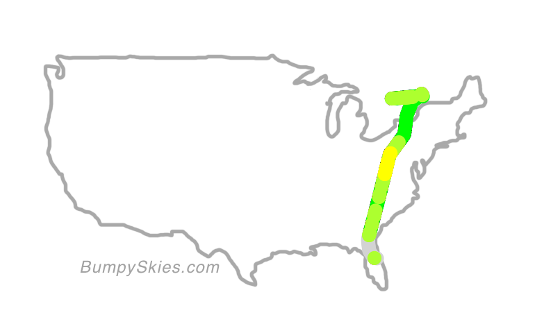 Map of continental US with illustrated flight path and turbulence forecast (described in text below)