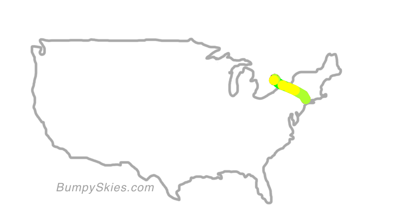 Map of continental US with illustrated flight path and turbulence forecast (described in text below)