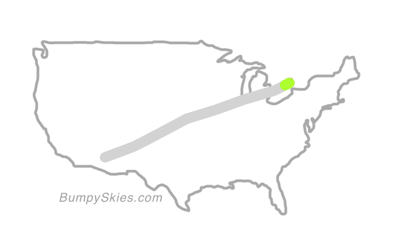 Map of continental US with illustrated flight path and turbulence forecast (described in text below)