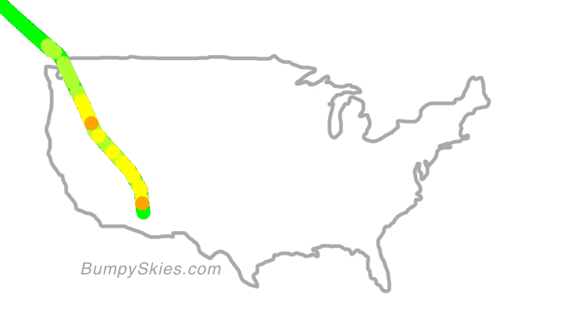 Map of continental US with illustrated flight path and turbulence forecast (described in text below)