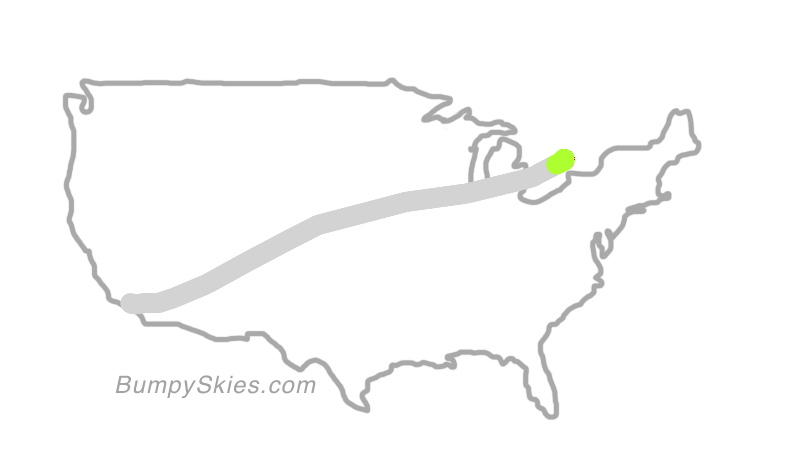 Map of continental US with illustrated flight path and turbulence forecast (described in text below)