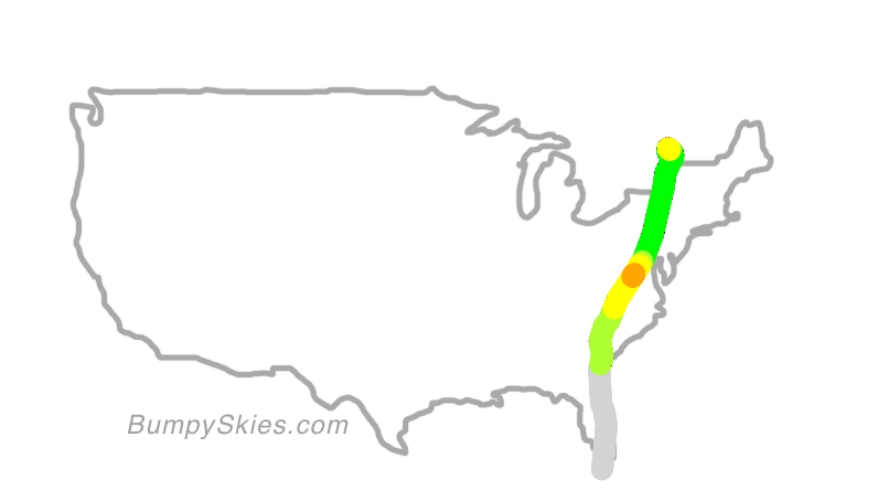 Map of continental US with illustrated flight path and turbulence forecast (described in text below)
