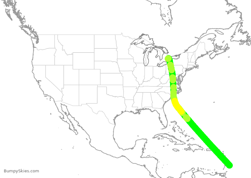 Turbulence forecast map for POE9953, BGI to YYZ
