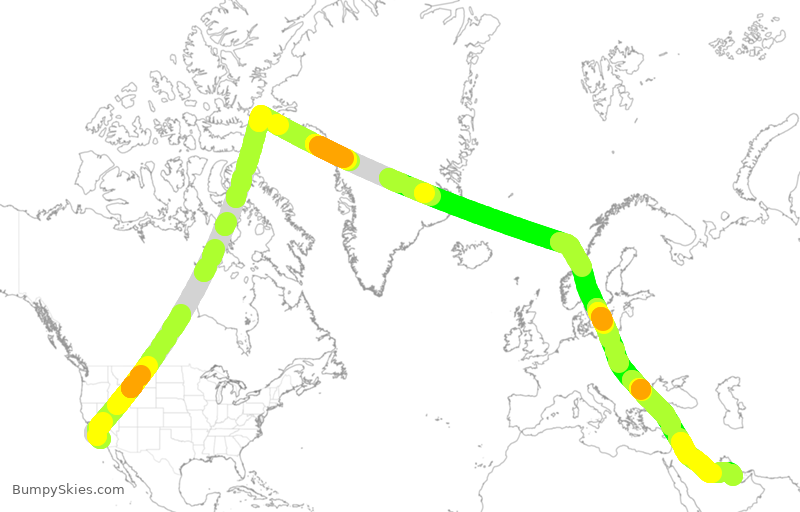 Turbulence forecast map for QTR3057, LAX to DOH