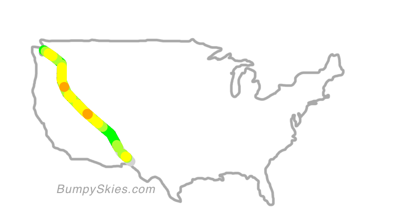 Map of continental US with illustrated flight path and turbulence forecast (described in text below)