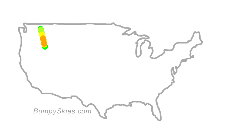 Map of continental US with illustrated flight path and turbulence forecast (described in text below)