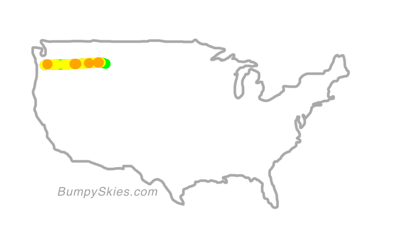 Map of continental US with illustrated flight path and turbulence forecast (described in text below)