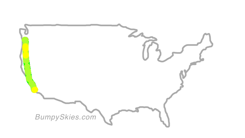 Map of continental US with illustrated flight path and turbulence forecast (described in text below)