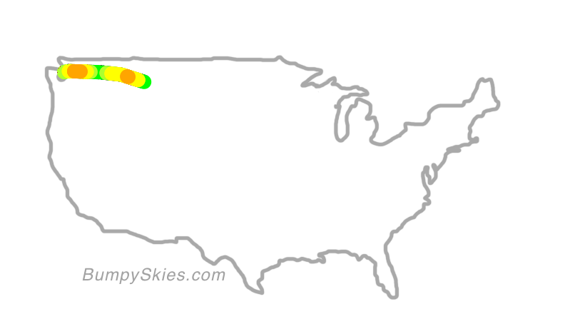 Map of continental US with illustrated flight path and turbulence forecast (described in text below)
