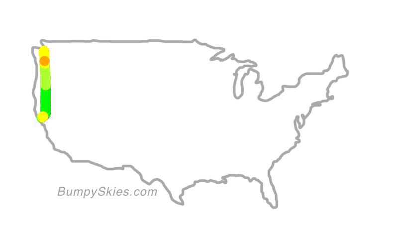Map of continental US with illustrated flight path and turbulence forecast (described in text below)