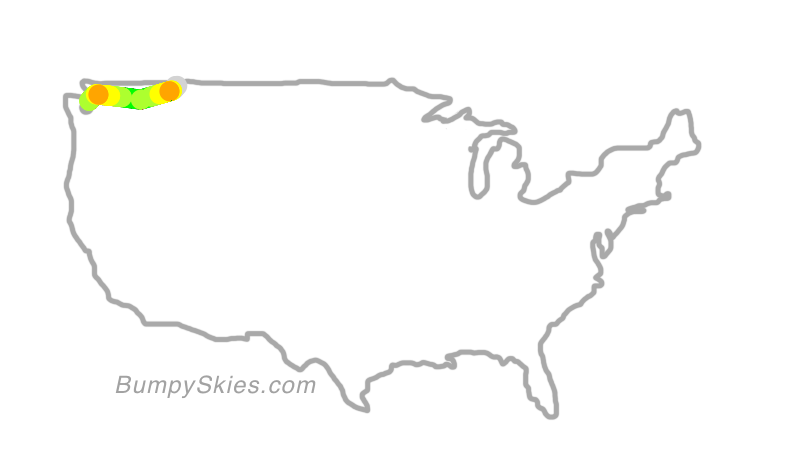 Map of continental US with illustrated flight path and turbulence forecast (described in text below)