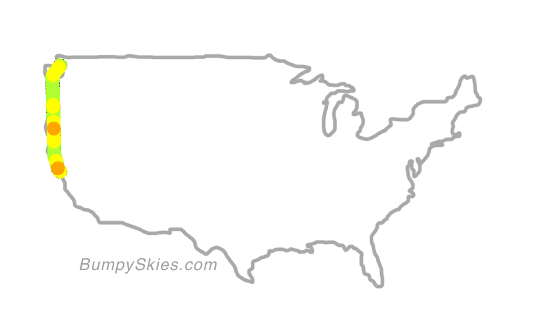 Map of continental US with illustrated flight path and turbulence forecast (described in text below)