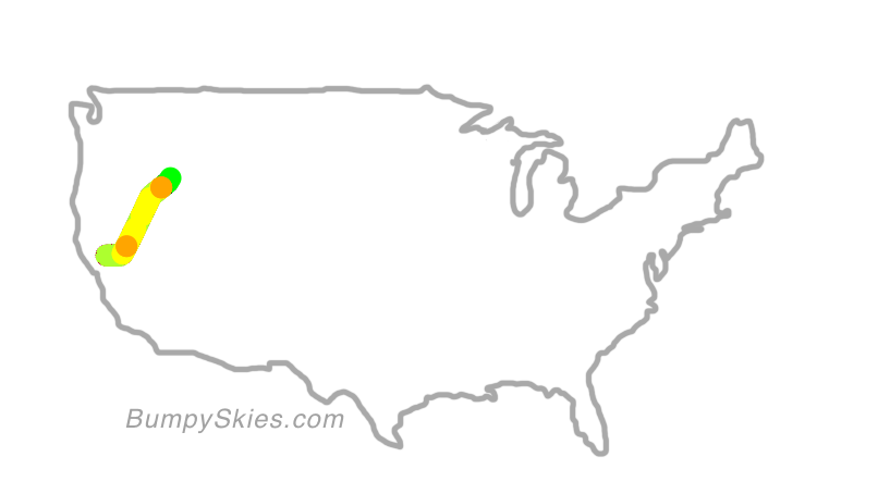 Map of continental US with illustrated flight path and turbulence forecast (described in text below)