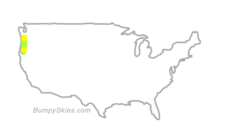 Map of continental US with illustrated flight path and turbulence forecast (described in text below)