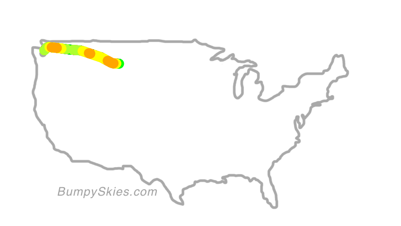 Map of continental US with illustrated flight path and turbulence forecast (described in text below)