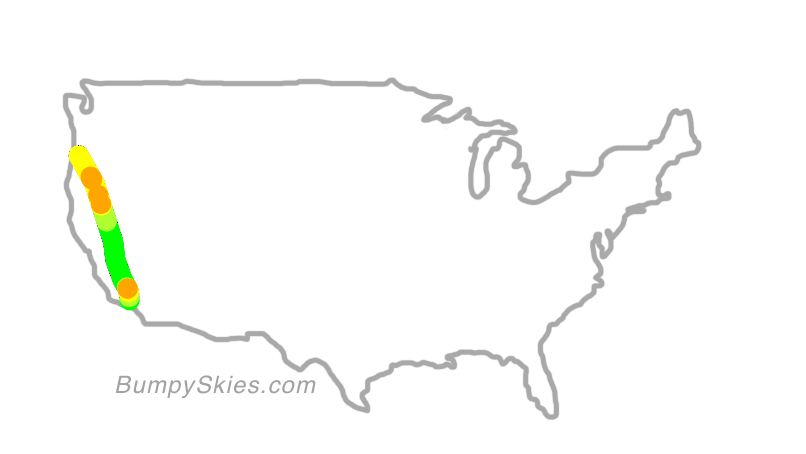 Map of continental US with illustrated flight path and turbulence forecast (described in text below)