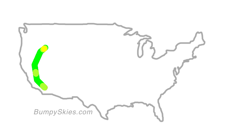 Map of continental US with illustrated flight path and turbulence forecast (described in text below)