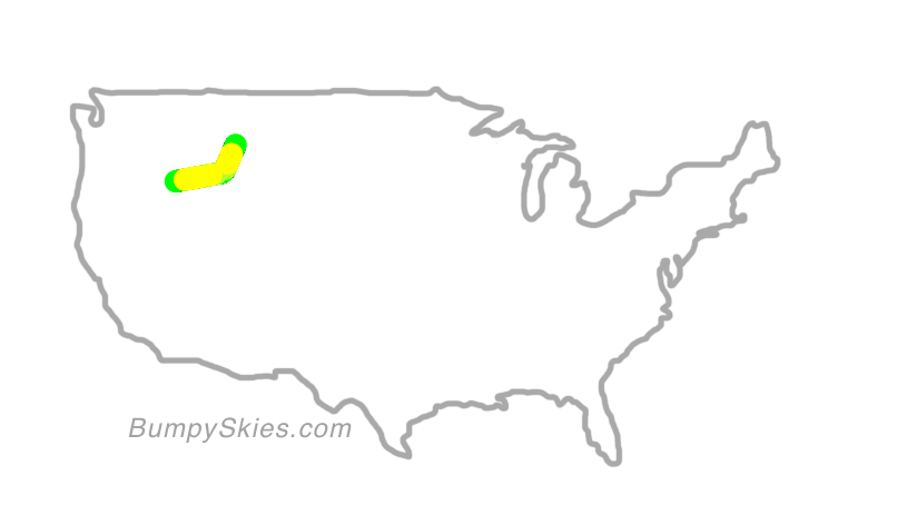 Map of continental US with illustrated flight path and turbulence forecast (described in text below)