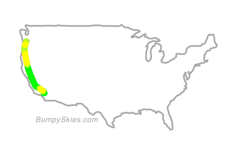 Map of continental US with illustrated flight path and turbulence forecast (described in text below)