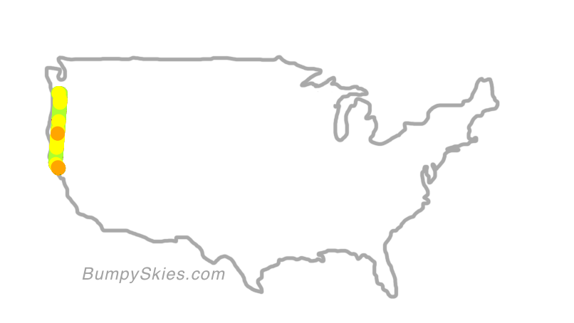 Map of continental US with illustrated flight path and turbulence forecast (described in text below)