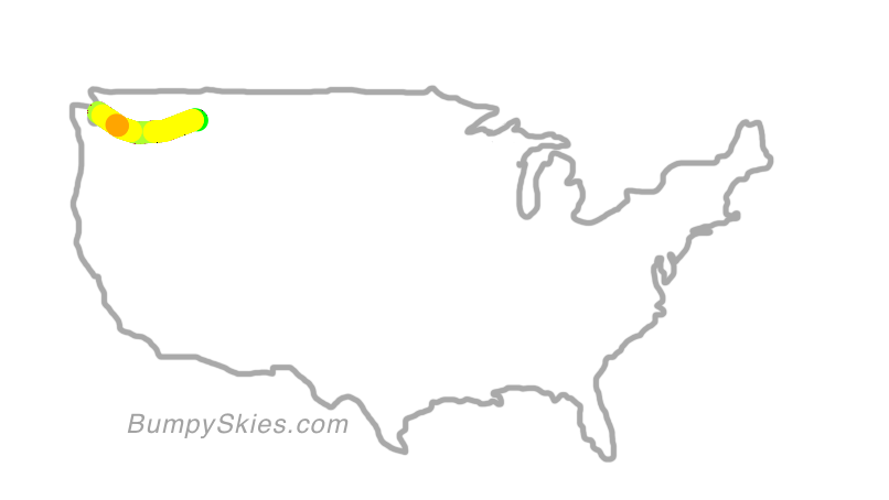 Map of continental US with illustrated flight path and turbulence forecast (described in text below)