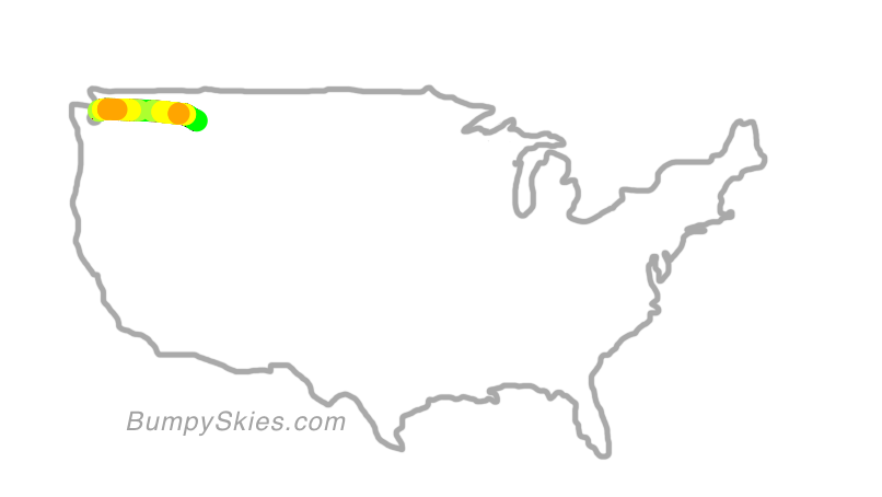 Map of continental US with illustrated flight path and turbulence forecast (described in text below)