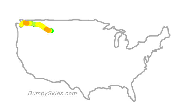 Map of continental US with illustrated flight path and turbulence forecast (described in text below)