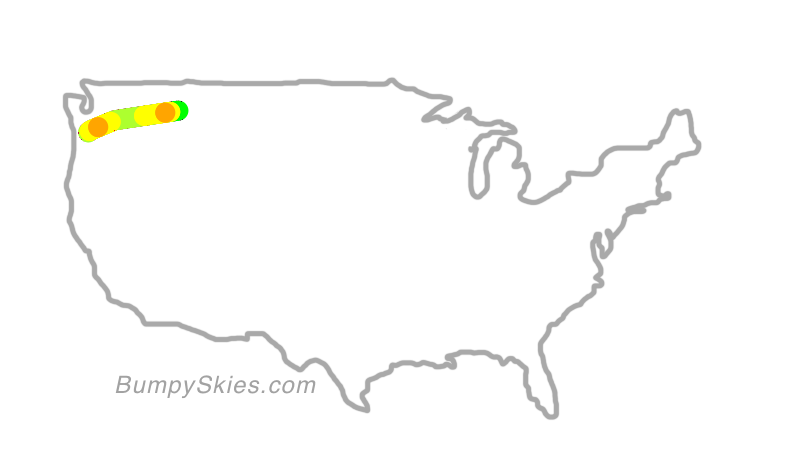 Map of continental US with illustrated flight path and turbulence forecast (described in text below)