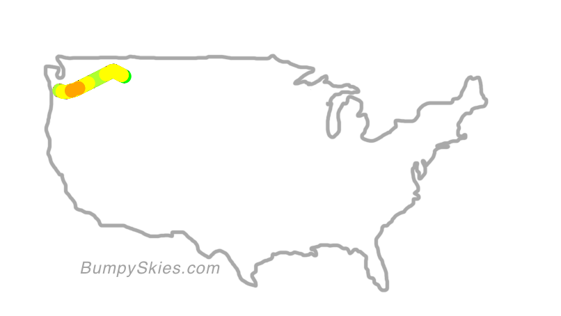 Map of continental US with illustrated flight path and turbulence forecast (described in text below)
